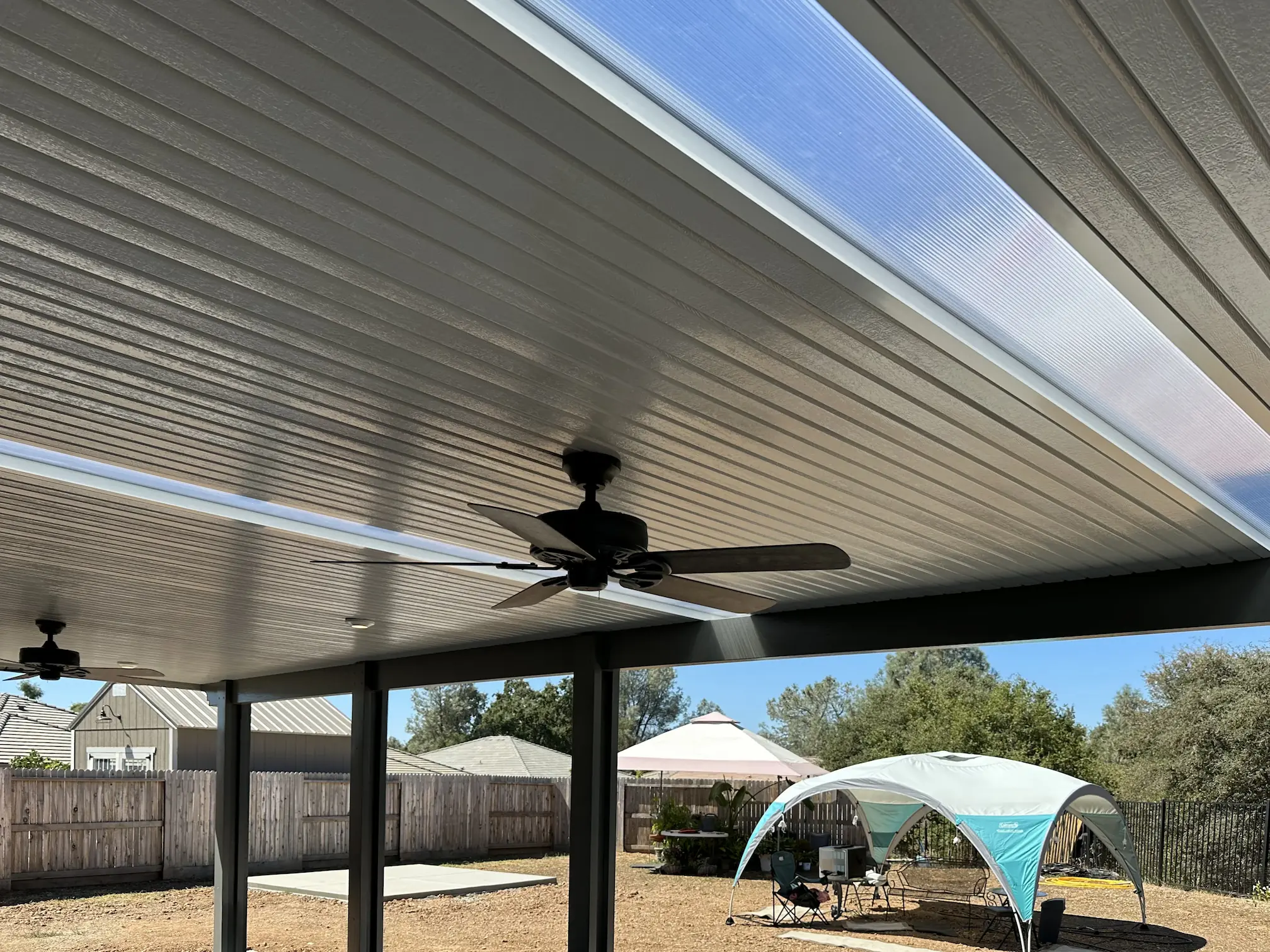 Insulated patio cover with dual ceiling fans and skylight panel installed in West Roseville by DCI Patios