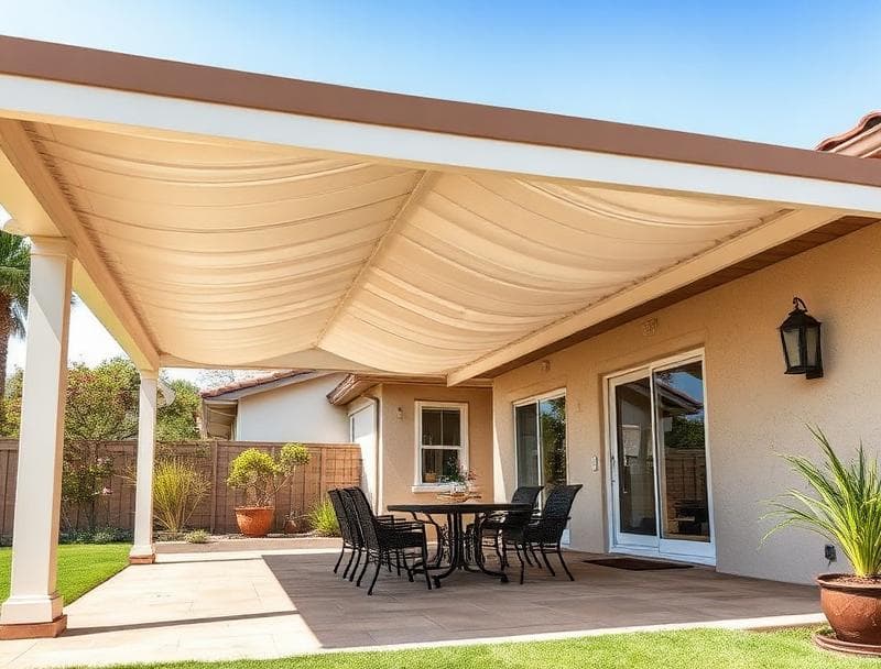 Solid aluminum patio cover installed over a backyard patio in the Sacramento region by DCI Patios